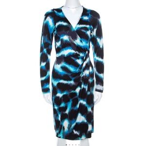 Diane Von Furstenberg Blue Printed Silk Wrap Begona Dress